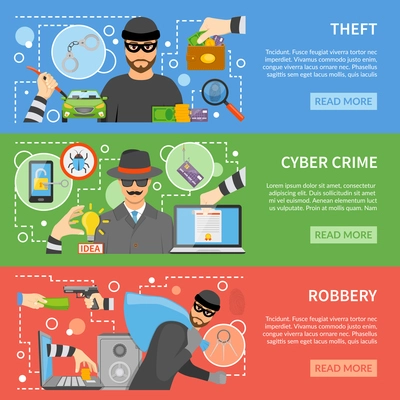 Theft flat horizontal banners with different types of stealing and threats for property money information vector illustration