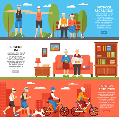 Three horizontal old people banners set with flat senior characters outdoor sport and indoor leisure activities vector illustration