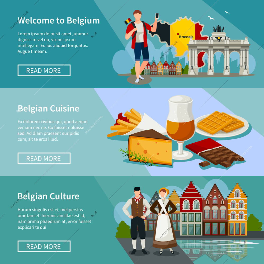 Set of horizontal banners in flat style with landmarks of belgium cuisine and culture isolated vector illustration