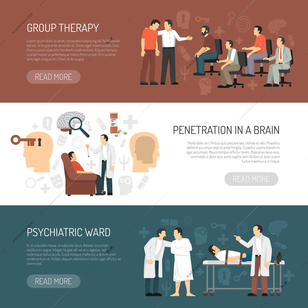 Psychologist horizontal banners with session of group psychotherapy penetration in brain and psychiatric ward icons compositions flat vector illustration