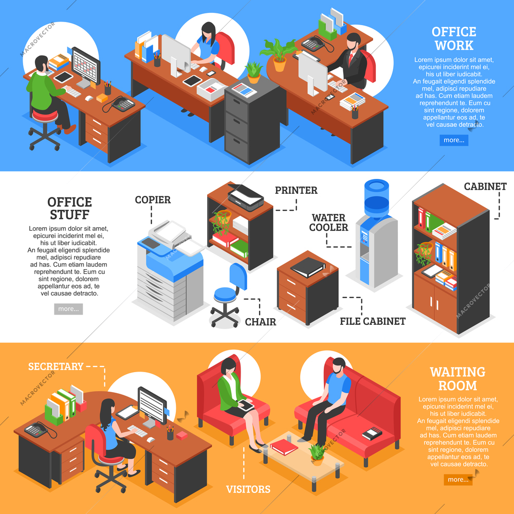 Three horizontal banners set with isometric office workplaces colorful furniture with text and read more button vector illustration