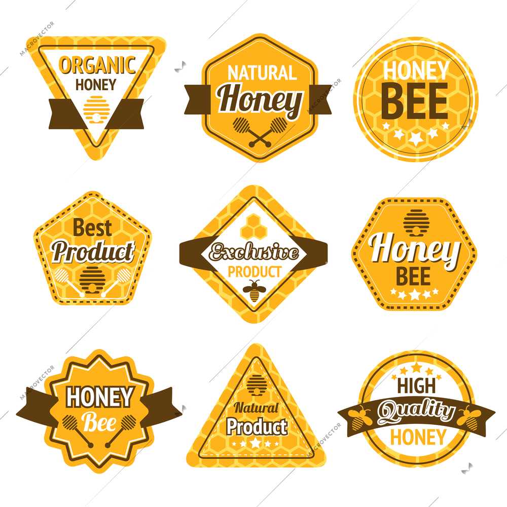 Honey best high quality organic products labels set isolated vector illustration