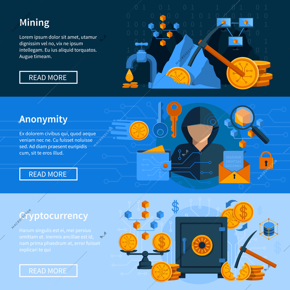 Set of horizontal banners in flat style with virtual currency mining and anonymity isolated vector illustration
