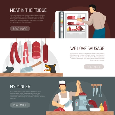 Butcher meat shop products service and keeping  information 3 flat horizontal banners webpage design isolated vector illustration