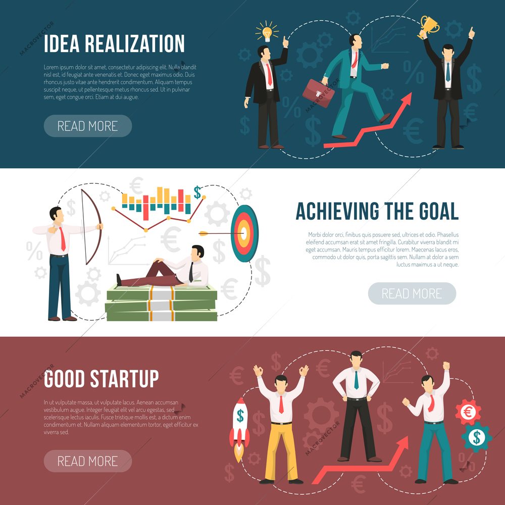 Successful startup tips 3 flat horizontal banners webpage design with goal achieving strategy symbols isolated vector illustration