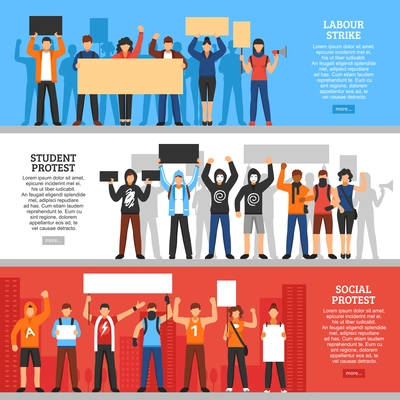 Three horizontal banners with protesting young people faceless characters placards editable text and read more button vector illustration