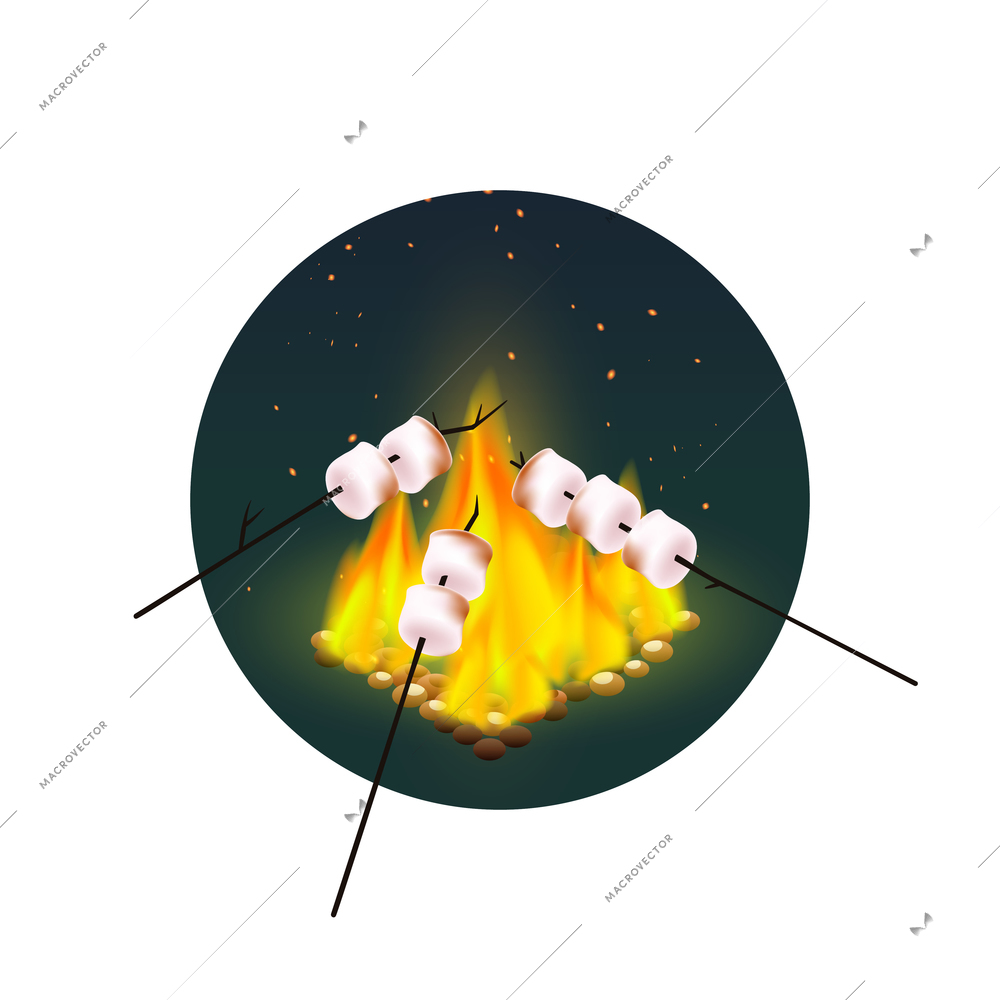 Round design with roasting of marshmallows on bonfire in evening on white background vector illustration