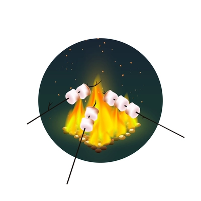 Round design with roasting of marshmallows on bonfire in evening on white background vector illustration