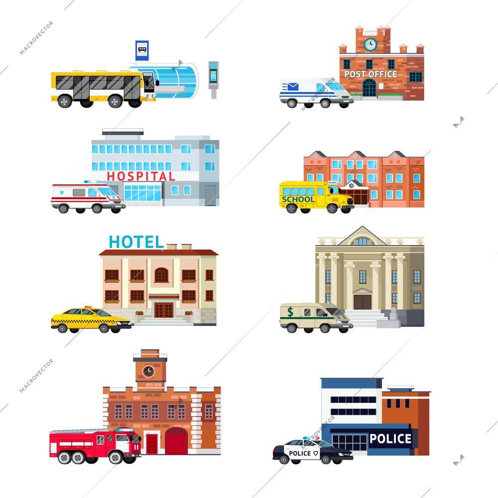 Orthogonal set of city services and buildings including transportation post office police and hospital isolated vector illustration