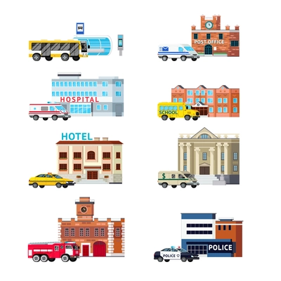 Orthogonal set of city services and buildings including transportation post office police and hospital isolated vector illustration