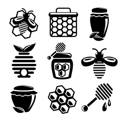 Honey bee hive and cell food agriculture black silhouette icons set isolated vector illustration