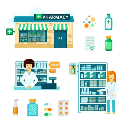 Colored and isolated pharmacy icon set with drugstore facade showcase with medications and pharmacist vector illustration