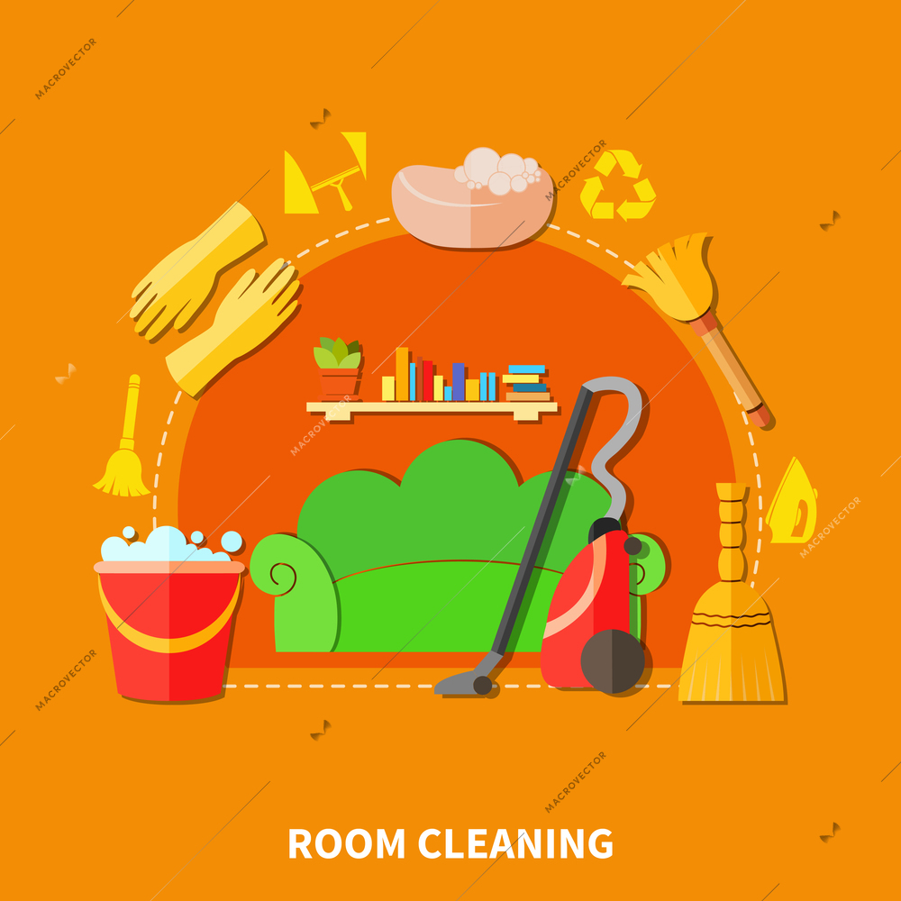 Colorful background with living room furniture and cleaning tools flat decorative icons and silhouette signs composition vector illustration