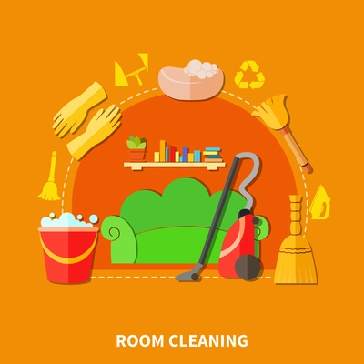 Colorful background with living room furniture and cleaning tools flat decorative icons and silhouette signs composition vector illustration