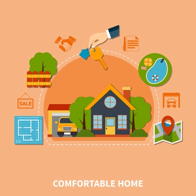 Colorful real estate concept with comfortable home flat icons vector illustration