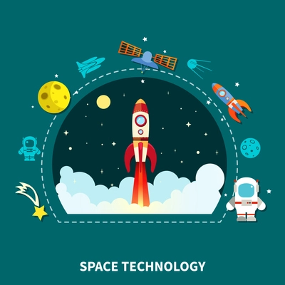 Space technology concept spaceship and satellite symbols flat vector illustration