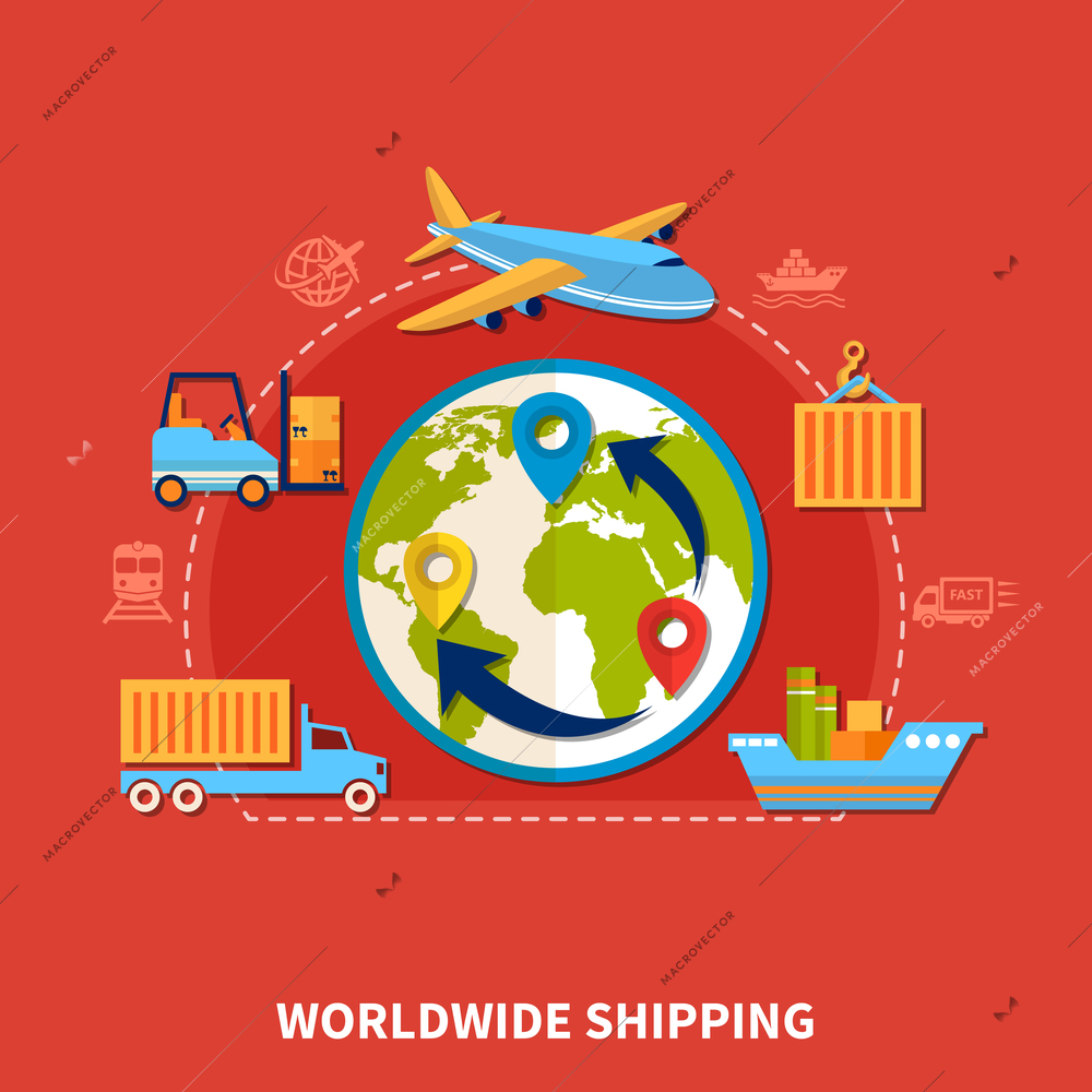 Flat colored logistic composition with worldwide delivery by all types of transport vector illustration