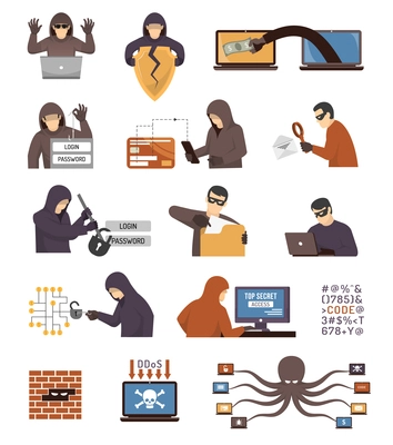 Internet security hackers tools tricks and schemes flat icons collection with broken padlock octopus  isolated vector illustration