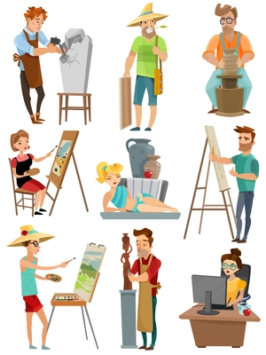 Artist cartoon set with poeple and painting isolated vector illustration