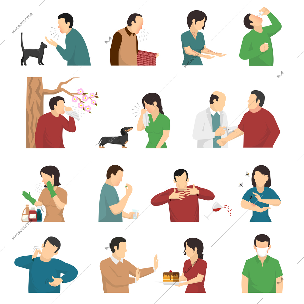 Symptoms and causes of allergic reaction flat icons collection with food dust dog and cats allergens vector illustration