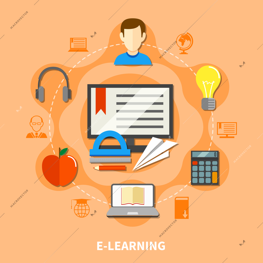 E learning colored composition with circle dotted line and thematic icon set around vector illustration