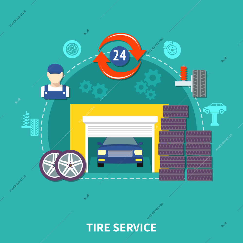 Tire service flat design concept with wheels elements of suspension and automobile in garage decorative icons set vector illustration