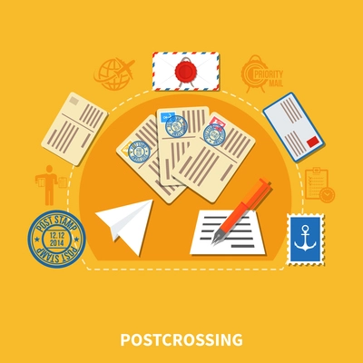 Postcrossing design in flat style with postage cards and stamp envelopes on yellow background vector illustration