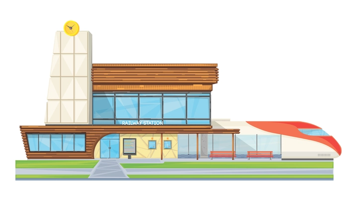 Modern steel glass railway station building front view flat image with speed intercity train vector illustration