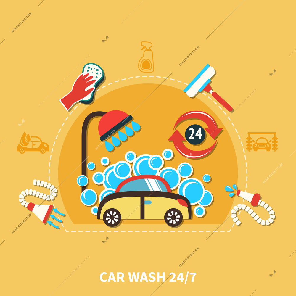 Car wash round composition with doodle car in soap bubbles machinery shower hose and cleaning agents vector illustration