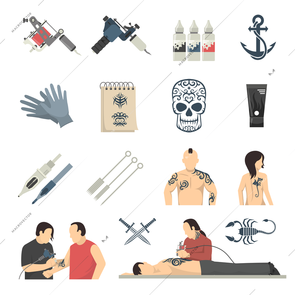 Tattoo studio designs equipment and procedures with artist using electric machine flat icons collection isolated vector illustration