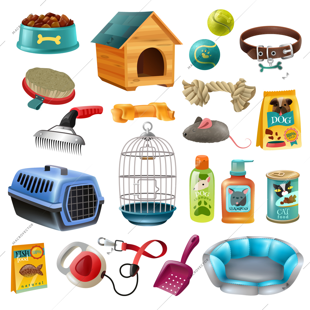 Isolated pet care accessory images set with wooden kennel dog-lead toys brushes and preserved food vector illustration