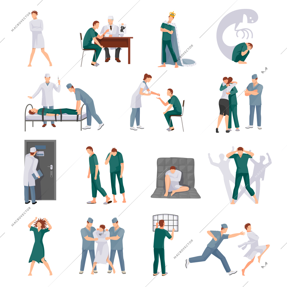 Mental illnesses icons set with mad people and medical staff in various situations isolated vector illustration