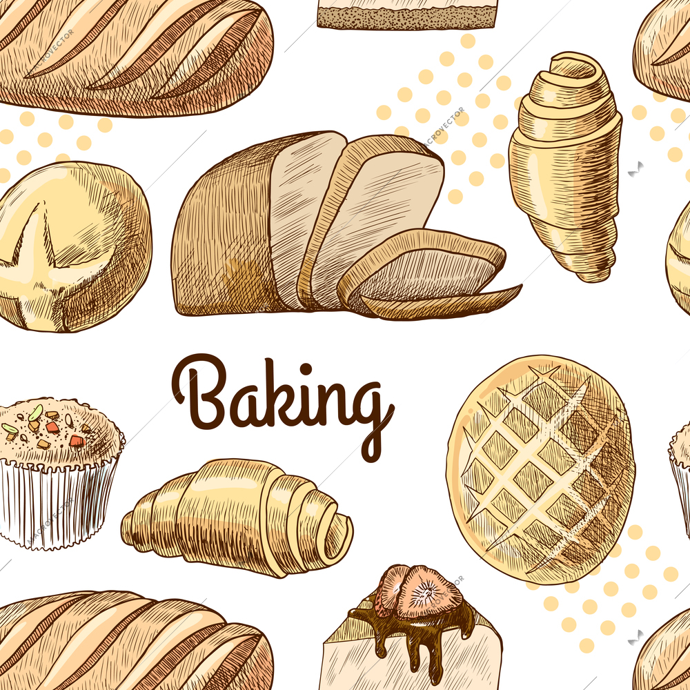 Puff pastry bread croissant cupcake baking seamless food pattern vector illustration