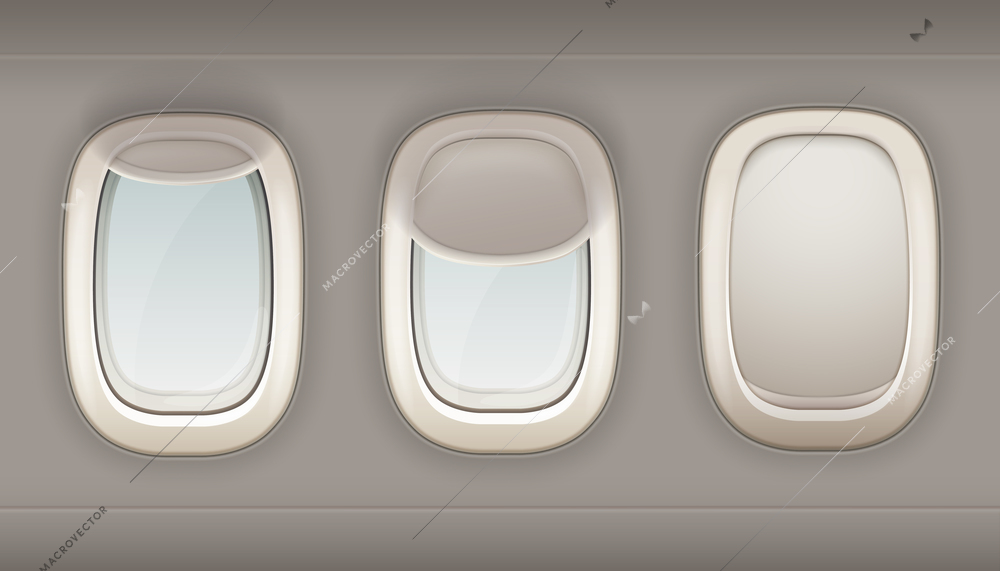 Three realistic portholes of airplane from white plastic with open and closed window shades vector illustration