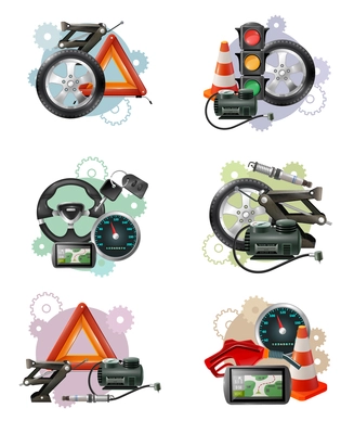 Car repair and maintenance symbol compositions set with wheels hand screws levelling jacks traffic lights barriers vector illustration