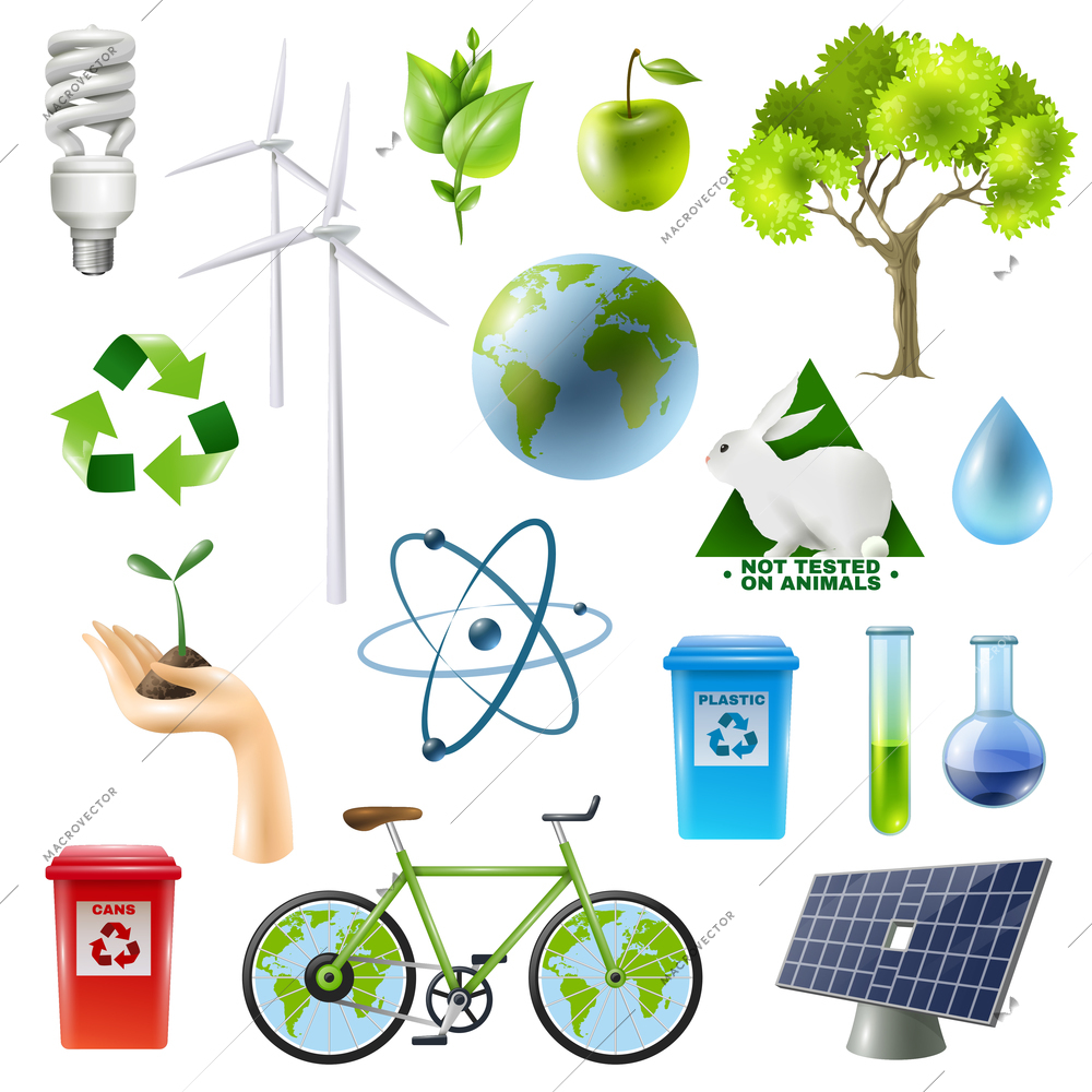 Ecology isolated symbols set with alternative energy sources plants tubes bicycle images molecule and recycle signs vector illustration