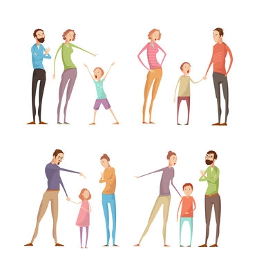 Set of flat isolated doodle adult and kids characters with family quarreling parents abusing their children vector illustration