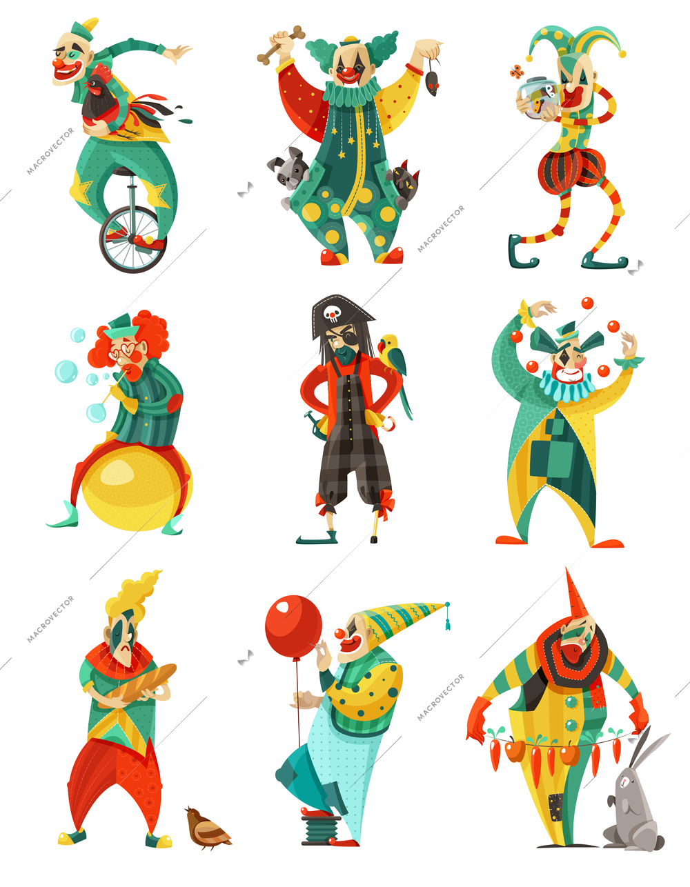 Funny circus clowns isolated decorative icons set in color with trick cycle pirate costume and balloon vector illustration