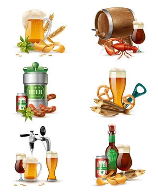 Tap beer in nonic glass tubs compositions set with brewers cask raw malt snacks and fish vector illustration