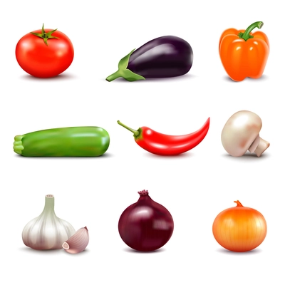 Set of fresh vegetables in realistic style with courgette tomato onion cucumbers pepper eggplant garlic mushroom isolated icons vector illustration