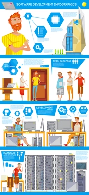 Infographic poster with soft engineer flat characters office illustrations team building with memory and maintenance signs vector illustration