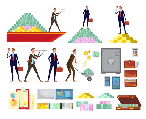 Set of isolated financial wealth cartoon images of clerk characters cash pyramids safe boxes and suitcases vector illustration