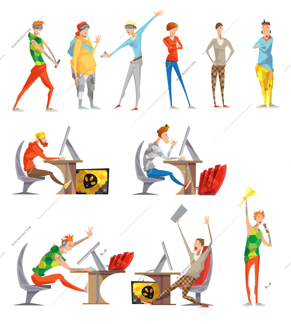 Esports gaming competitive cybersports and facilitated by electronic computer systems sport flat icons collection isolated vector illustration