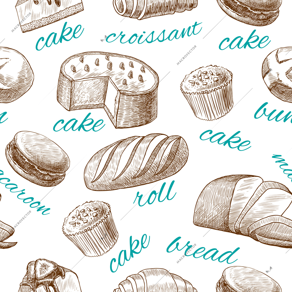 Cake croissant bread roll macaroon bun baking pastry seamless food wallpaper vector illustration