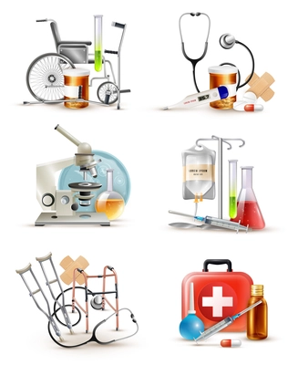 Healthcare and first aid elements set with crutches stethoscope wheelchair and domestic medicine box decorative images vector illustration