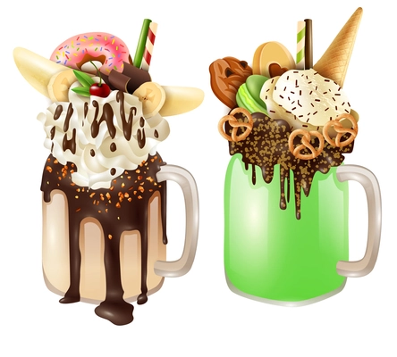 Monstershake crazy cocktail dessert compositions set with ice cream shake donut sweet cookies nuts and chocolate vector illustration