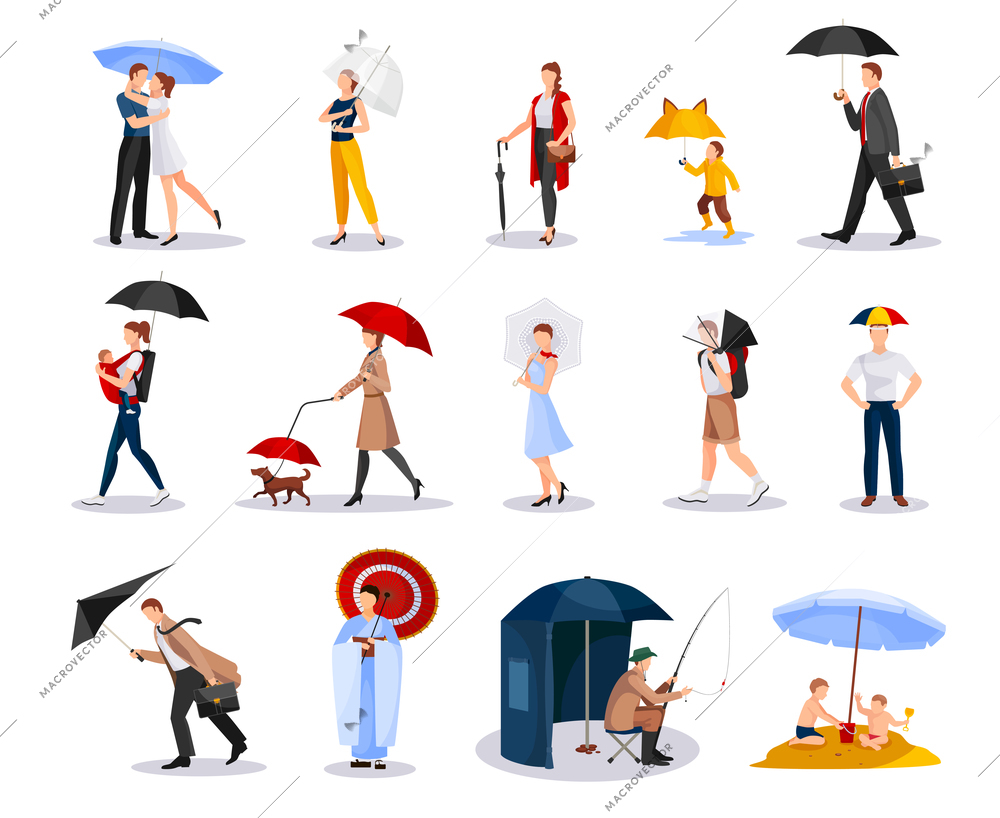 Collection of people with umbrellas of various shape including kids men and women isolated vector illustration