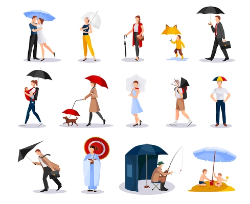 Collection of people with umbrellas of various shape including kids men and women isolated vector illustration