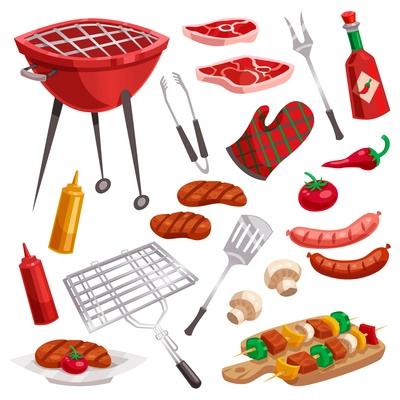 Bbq barbecue isolated elements set with outdoor grill rig bottles of sauce raw food and flatware vector illustration