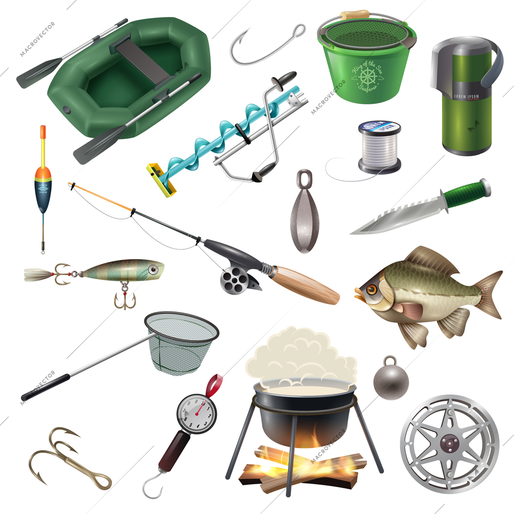 Fishing isolated images set with fish-tackles sea-line inflatable boat and hooks of different shape vector illustration